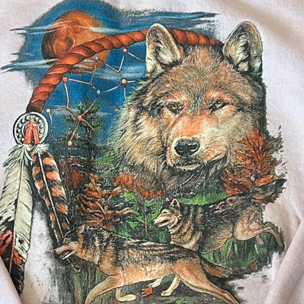 Vintage Pink Wolf Graphic‎ Sweatshirt Sz S 90s Crew Neck Cotton Tribal Print Y2K - Picture 3 of 6